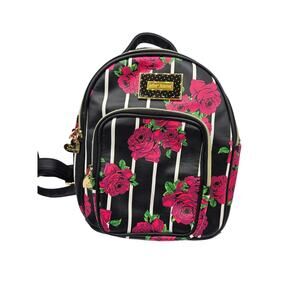 Betsey Johnson Women's Backpack Purse Black Stripe Pink Floral Pockets‎